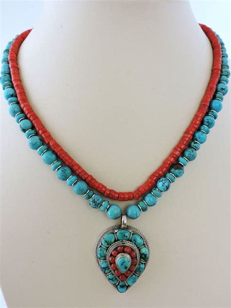 Turquoise And Red Coral Necklace With A Turquoise Sterling Silver