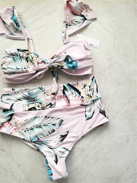 Floral Print Front Tie Bow High Waist Bikini Set Beige Bikini Set