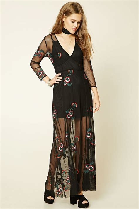 A Semi Sheer Mesh Maxi Dress Featuring Allover Floral Embroidery Knit