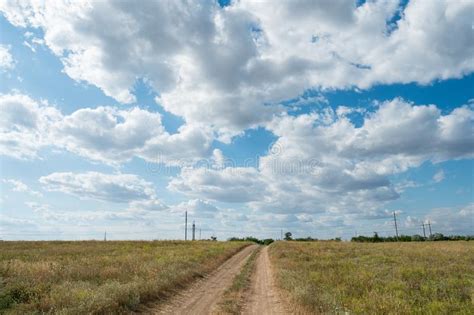 Sand Dirt Road Path Way Field Meadow Landscape Blue Sky Clouds Stock