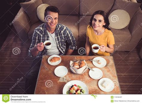 joyful loving couple having romantic breakfast at home stock image image of desk breakfast