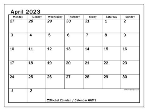 April 2023 Printable Calendar “501ms” Michel Zbinden Ca
