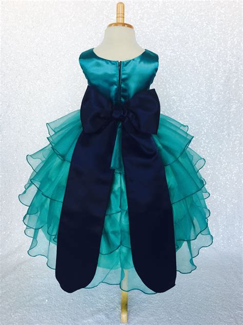 Organza Teal Ruffle Dress Navy Blue Satin Sash Flower Girl Etsy
