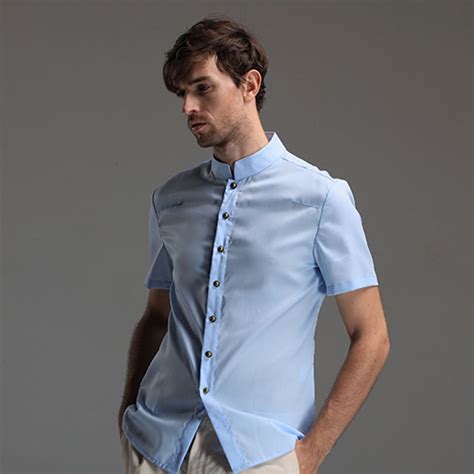 Mandarin Collar Short Sleeve Cotton Shirt Blue Shirts Blue Cotton