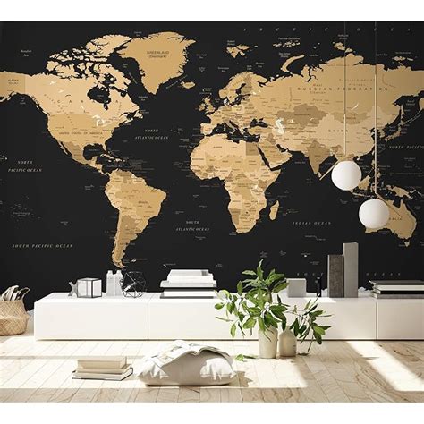 Buy Murwall Map Wallpaper Black Brown World Map Wall Mural Dark