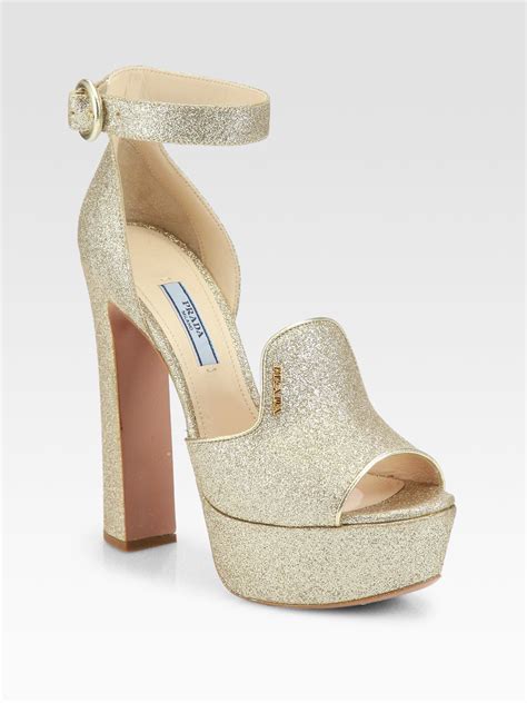 Prada Glitter Ankle Strap Platform Sandals In Gold Pirite