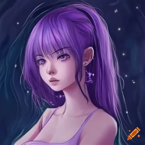 Anime Girl With Purple Hair Near The Night Ocean On Craiyon