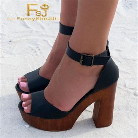 Retro Black Block Heel Sandals Peep Toe Ankle Strap Platform Heels