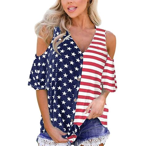 Womens Blouse Patriotic Stripes Star American Flag Cold Shoulder Button