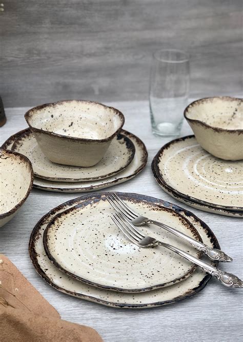 Rustic Ceramic Dinnerware Set Of Dessert Dinner Plates And Etsy