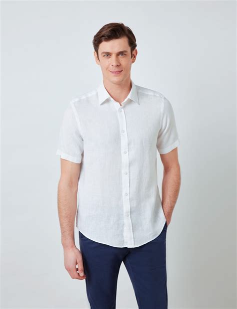 linen relaxed slim fit short sleeve shirt in white hawes and curtis