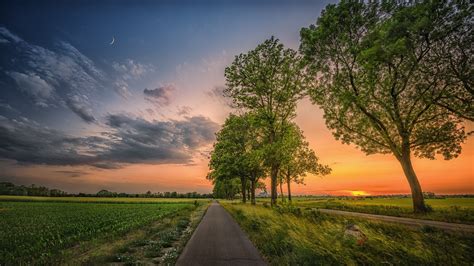 Wallpaper Beautiful Fields Countryside Road Trees Clouds Sunset