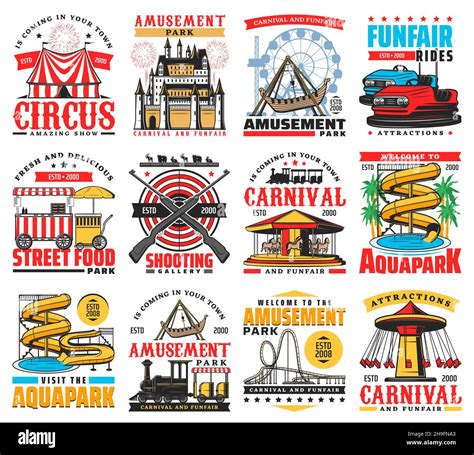 Amusement Park Icons Funfair Carnival Rides Carousels And Circus Show