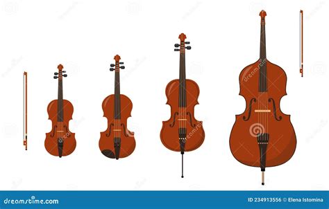 Set Of Classical Orchestral Stringed Bowed Musical Instruments Stock