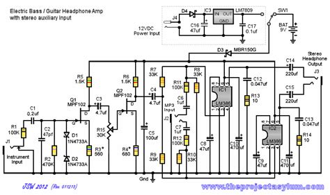 Each component is represented by a symbol. Electric Bass / Guitar Headphone Amp Schematic Diagram and Parts List