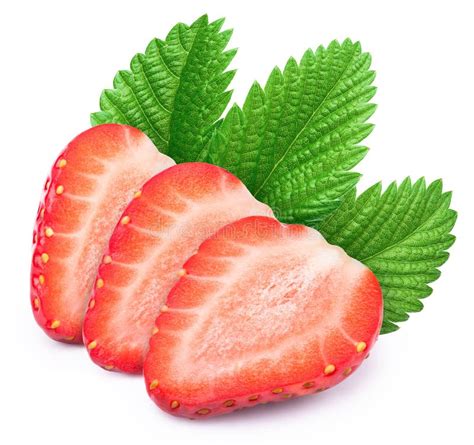 Three Sliced Strawberries With Leafs Stock Image Image Of Berries