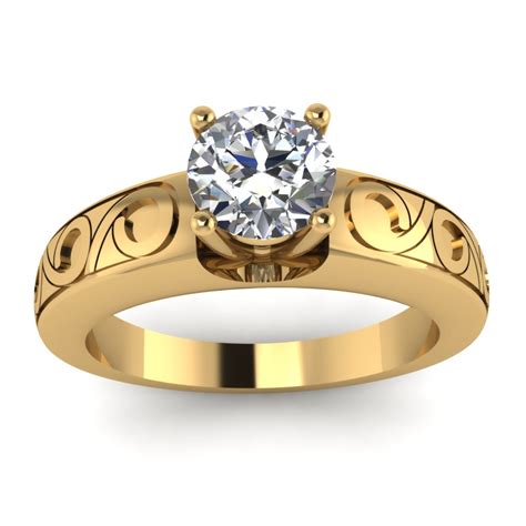 Moissanite engagement ring yellow gold 3/4 eternity band unique cathedral setting peekaboo engagement ring vintage moissanite ring milgrain Engraved Solitaire Diamond Engagement Ring In 18K Yellow ...