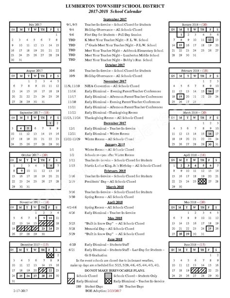 2017 2018 School Calendar Lumberton Township School District New