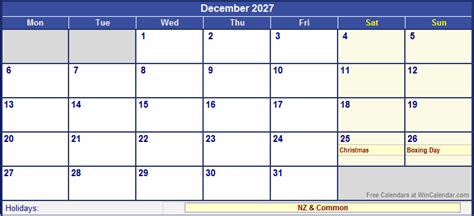 December 2027 New Zealand Calendar With Holidays For Printing Image