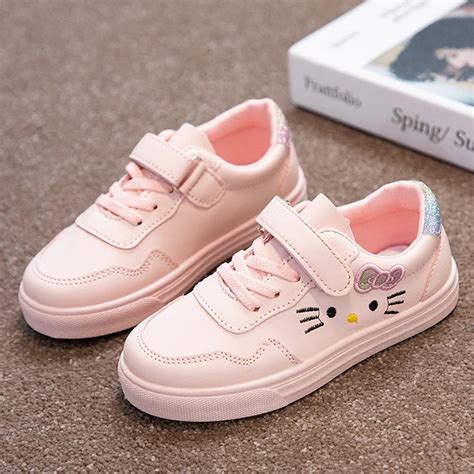 Young Children Casual Shoes Cute Cat White Pink Girls Shoes Pu