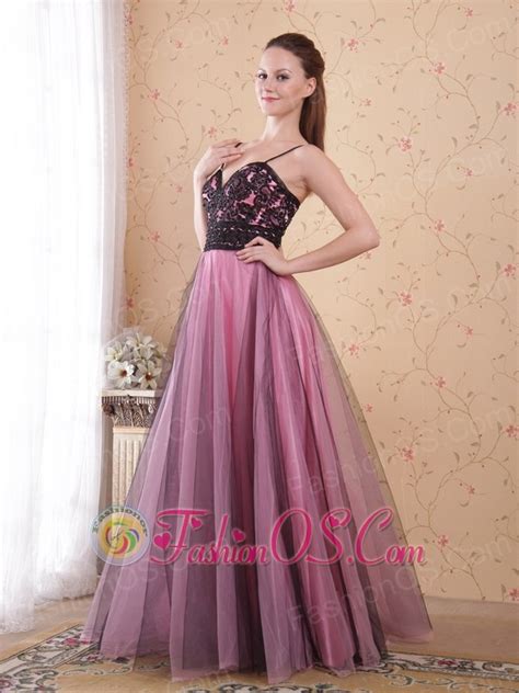 Rose Pink A Line Princess Spaghetti Straps Floor Length Tulle