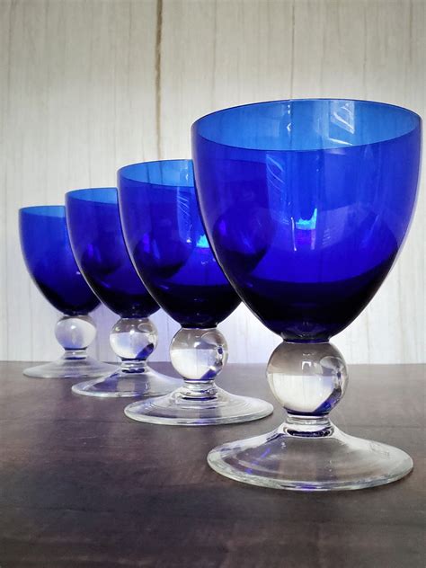Vintage Cobalt Blue Wine Glasseswater Goblets With Ball Stems Etsy