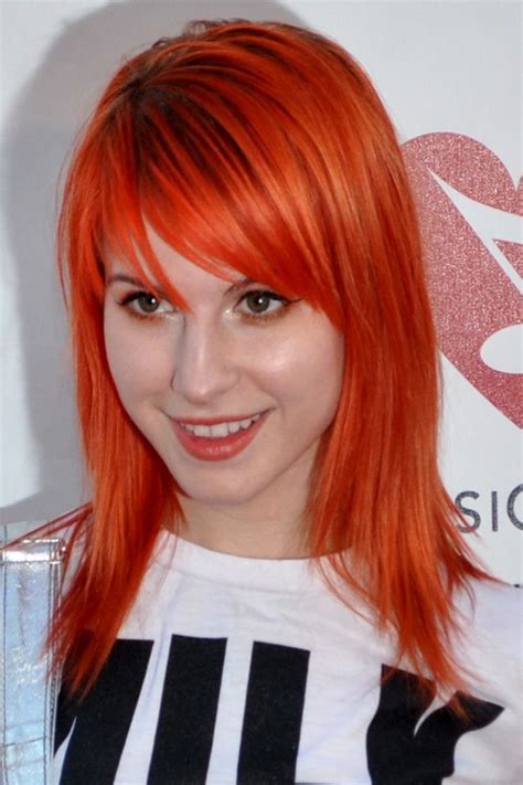 Hayley Williams Straight Orange Angled Sideswept Bangs Uneven Color