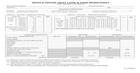 Whole House Heat Loss And Gain Worksheet Images
