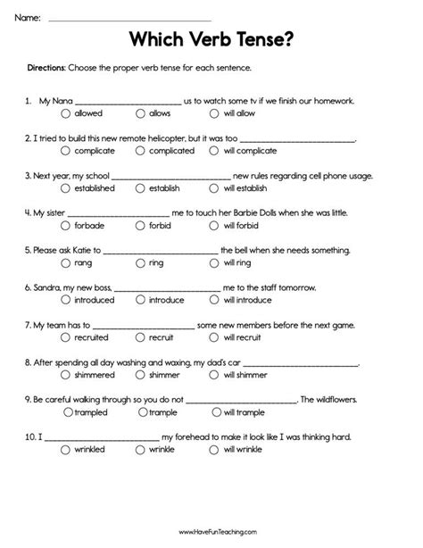 Verb Tenses Fill In The Blank Worksheet By Teach Simple