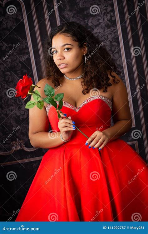 Beautiful Biracial High School Senior Wearing Red Prom Dress Stock Image Image Of Model