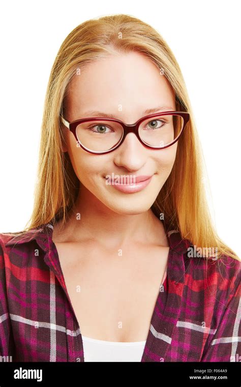 Smiling Young Blonde Woman With Nerd Glasses Stock Photo Alamy