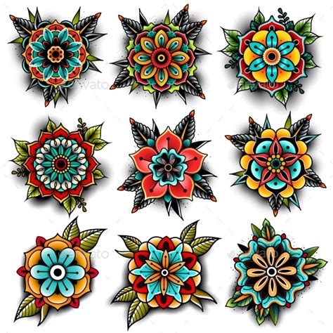 Tattoo flash roses by wilkamania on deviantart. Old School Tattoo Flowers Set by Adamova | GraphicRiver