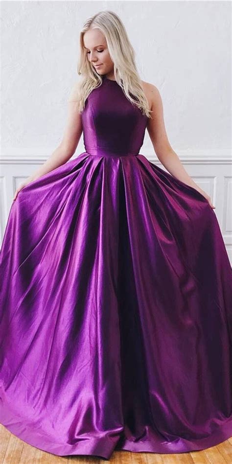 Unique Purple Satin Sleeveless Sweep Train Open Back Long Prom Dress