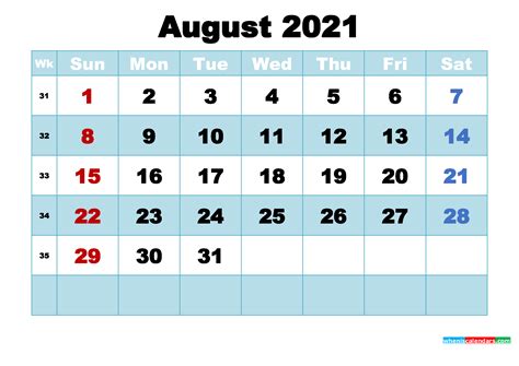 Free Printable August 2021 Calendar With Holidays As Word Pdf