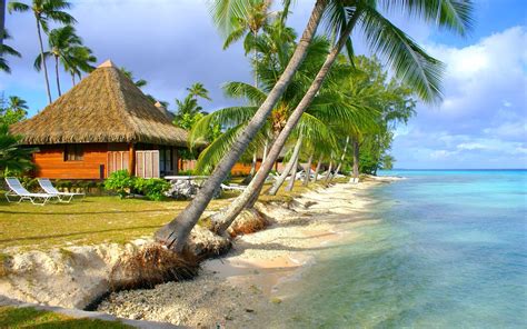 wallpaper 2200x1375 px beach bungalow island landscape nature palm trees sea summer