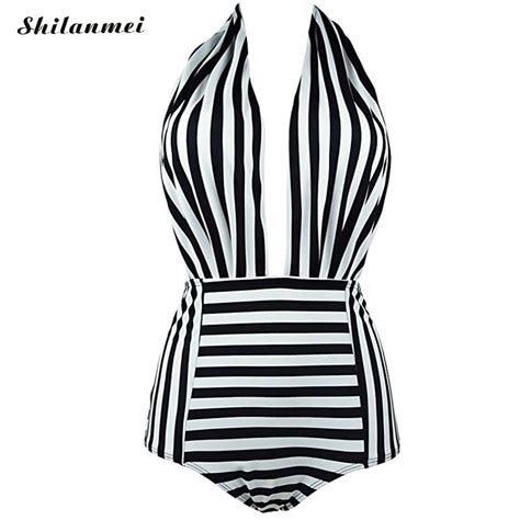 Striped Black One Piece Swimsuit Women 2017 Cut Out Halter Backless