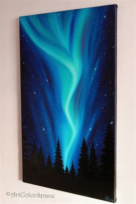 Northern Lights Art Oil Painting On Canvas Night Sky Aurora Etsy