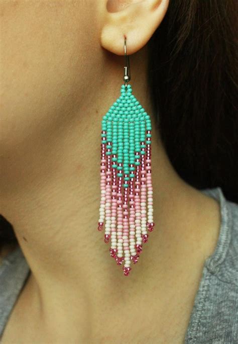 Seed Bead Earrings Turquoise Pink Dangle Earrings Beaded Ombre Etsy