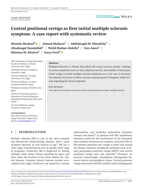 Pdf Central Positional Vertigo As First Initial Multiple Sclerosis