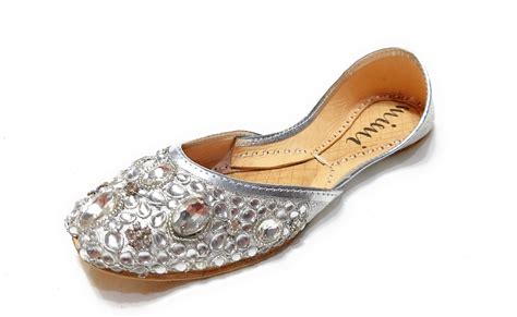 Silver Jeweled Gem Crystal Wedding Flat Shoes Khussa Jutti Mojari