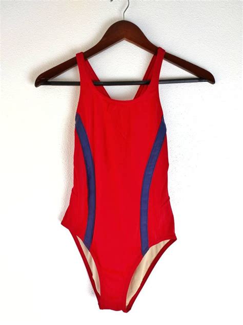 Retro Vintage 80s Red Blue Swimsuit Bikini 1980s Womens Etsy
