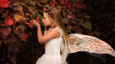 Cute Little Girl Is Having Fairy Wings And Flower Wreath