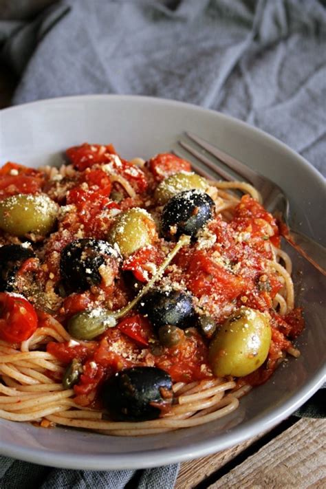 Spicy Spaghetti Alla Puttanesca With Cashew Parmesan Blueberry Vegan