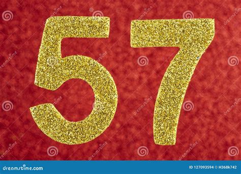 Number Fifty Seven Gold Color Over A Red Background Anniversary Stock