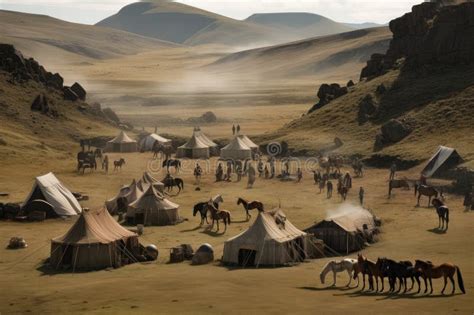 Nomadic Tribe In Dramatic Landscape With Horses And Tents Visible