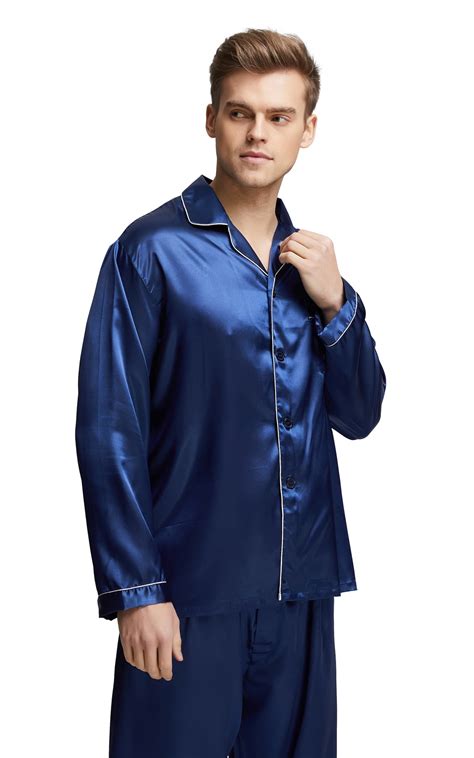 Mens Silk Satin Pajama Set Long Sleeve Navy Blue With White Piping