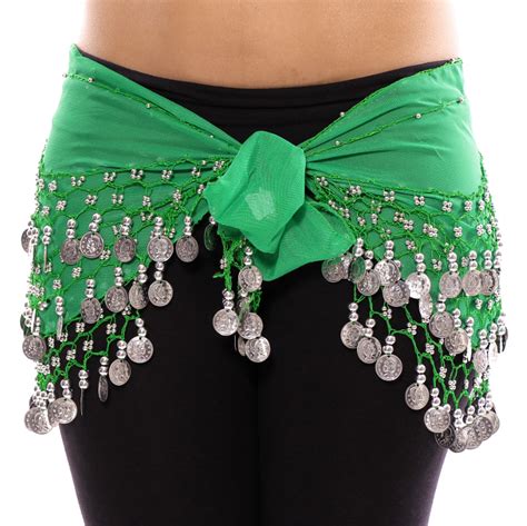 Chiffon Belly Dance Hip Scarf With Beads And Coins Green Silver