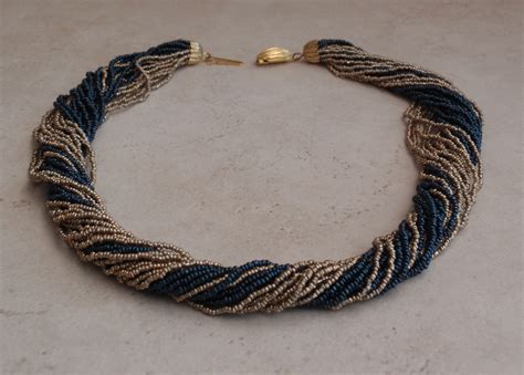 Seed Bead Torsade Navy And Gold Twisted Necklace Vintage Seed Bead