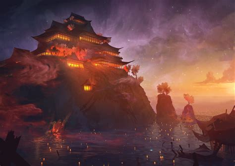 Temple Above Body Of Water With Candles Digital Wallpaper Fantasy Art