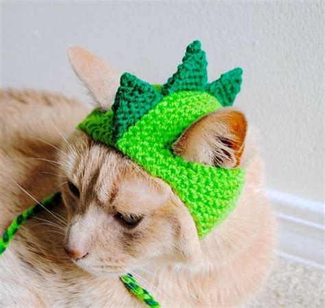 Dinosaur Cat Hat Green And Lime Hand Knit Cat Hat Cat Halloween
